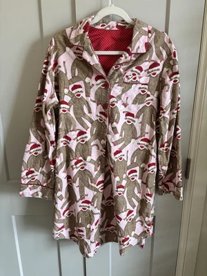 Women's Flannel Nightgown LARGE Nick & Nora Santa Sock Monkey Shirt Gown Xmas - Image 1 of 4
