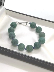 Bracciale Argento Sterling Grosso Vero Drago Verde Vena Agata Perline - Foto 1 di 6
