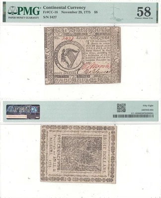 11/29/1775 Eight Dollars Continental Currency Fr CC-18 PMG AU-58 - Image 1 of 3