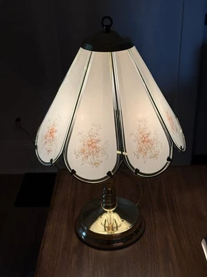 Vintage Glass Brass Touch Lamp  Pink Foral 3 lights 8 panel. 22" Tall Works! - Image 1 of 4
