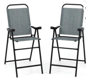 Set of 2 Patio Folding Height Blue Fabric Bar Stool W/Metal Frame & Footrests - Picture 1 of 4