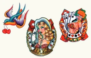 SET of 3 - Lucky ROCKABILLY Bumper Stickers OldSKOOL TATTOO Style Guitar DECALS - Picture 1 of 1
