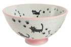 Mino ware Japanese Pottery Rice Bowl Black Cats & Footprints Pink Crackled Japan