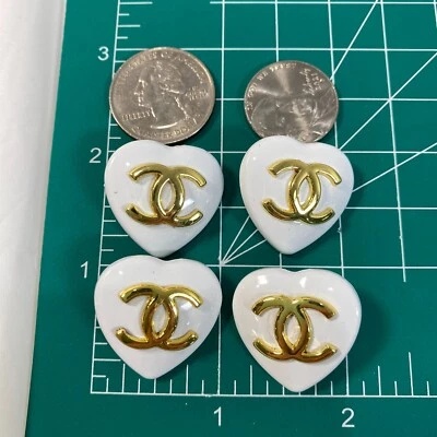 CHANEL Vintage Buttons set of 4 Heart  CC Logo Gold White Vintage STAMPED - Image 1 of 4