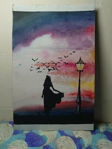 Water Colored Painting "Twilight Serenity" Camel Paints On Premium Paper Lanka - Picture 1 of 12