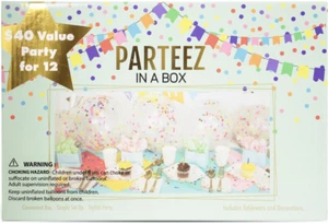 FIESTA EN UNA CAJA CUMPLEAÑOS JUBILACIÓN ANIVERSARIO PARA 12 PLATOS TAZAS LUNARES NUEVO - Imagen 1 de 5
