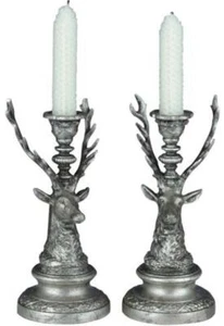 Candleholder Candlestick MOUNTAIN Lodge Deer Pair Silver Resin Hand-Cast - Picture 1 of 1