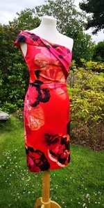 KAREN MILLEN ONE SHOULDER FLORAL RED SATIN WIGGLE PARTY DRESS, SIZE 10, WORN - Picture 1 of 9