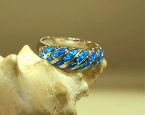 7MM HAWAIIAN RHODIUM 925 SILVER DIAGONAL WAVES INLAID BLUE-GREEN OPAL RING 5-10 - Picture 1 of 10