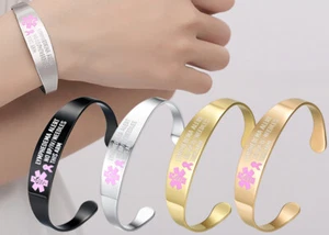 3 Colors! Lymphedema Alert No BP IV Medical Pink Ribbon Cuff Stainless Bracelet - Picture 1 of 10