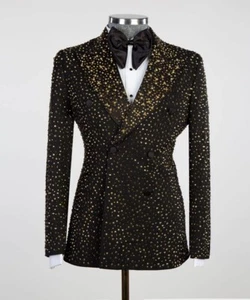 Men Suit Tuxedo Double Breasted Beaded Shawl Lapel Blazer Custom Wedding - Picture 1 of 15