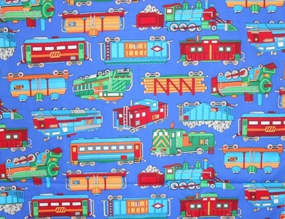 CRANSTON TRAIN FABRIC - BLUE BACKGROUND  - UNUSED, UNWASHED - 1  1/2 yds x 45" - Image 1 of 2