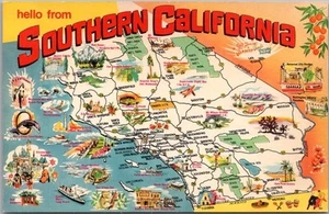 Vintage 1960s SOUTHERN CALIFORNIA Postcard Highway Map / Comic Drawings /Chrome - Picture 1 of 2