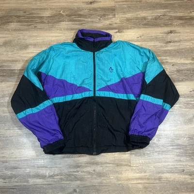 Chaqueta cortavientos vintage Penguin talla XL bloque de color multicolor cremallera completa años 90 Foto 1 de 4