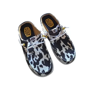 Hey Dude Slip On Classic Canvas Shoes 6 Womens Cow Print Comfort - Picture 1 of 5