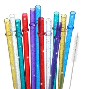 48 Pcs Reusable Glitter Plastic Straws Hard Tumbler Replacement Straws w/ Brush - Picture 1 of 6
