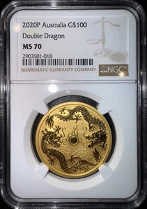 2020 Australia 1 oz Gold Coin Chinese Myths & Legends Double Dragon NGC MS70 - Picture 1 of 4