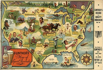 Gunther's Map of Sports Records Pictorial Vintage Wall Art 11x16 Decor - Image 1 of 2