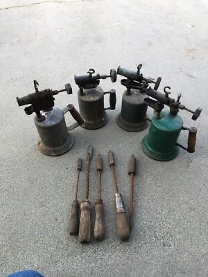 Antiguo lote de 4 soldadores de acero sin marca Clayton Lambert verde soplete Foto 1 de 4