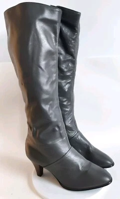 Botas hasta la rodilla de cuero gris carbón vintage 3" tacón apilado para mujer talla 7,5 M Foto 1 de 4