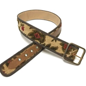 Women's Brown Beige Belt XS VTG Floral Tapestry Wide Gold Square Buckle Ladies - Picture 1 of 9