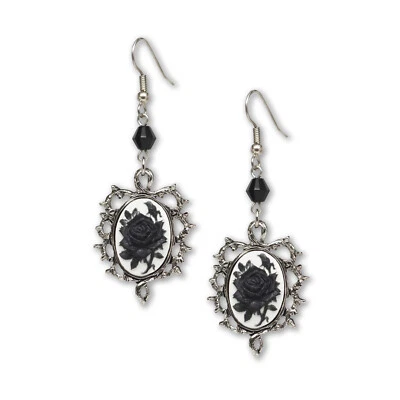 Pendientes colgantes camafeo rosa negra gótico con cuentas negras #1011BW Foto 1 de 4
