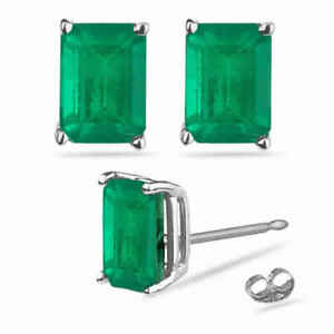 Natural Emerald Cut Emerald AA Quality Stud Earrings 14K White Gold in 5x3-8x6MM