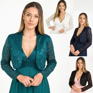 Women Long Sleeve Lace Evening Shrug Wedding Bridesmaid Bolero Cropped Jacket - Picture 1 of 14