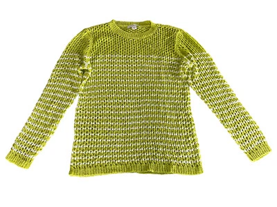 Suéter feminino Coldwater Creek M verde limão listra branca crochê ponto aberto - Imagem 1 de 4