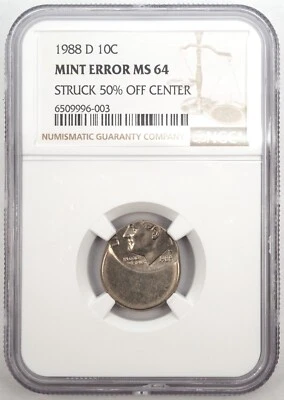1988 D 10c Dime Struck 50% Off Center Mint Error NICE COIN NGC MS64 - Image 1 of 2