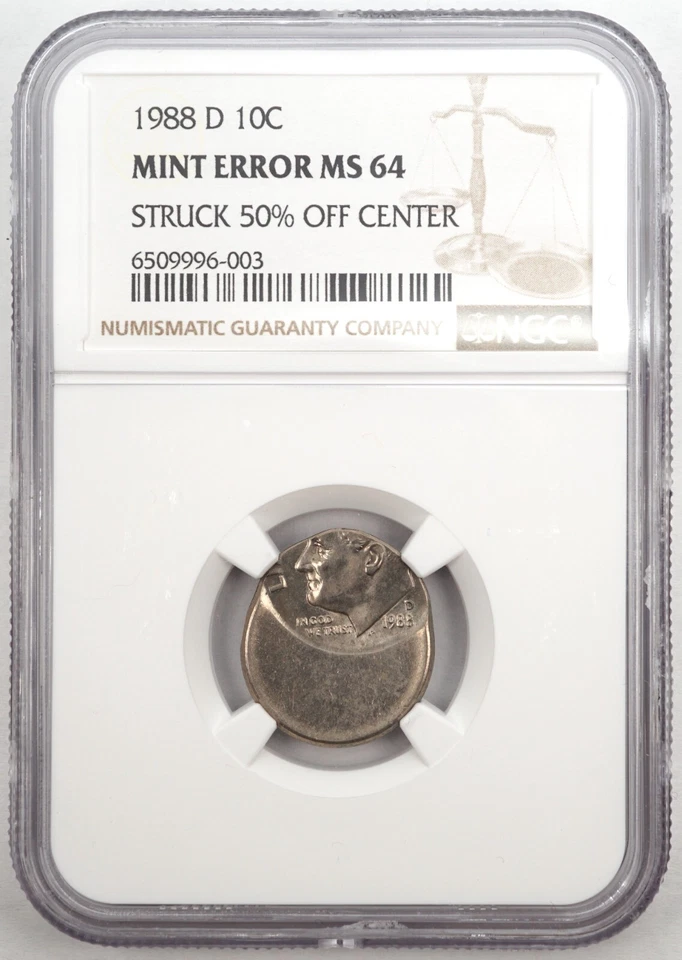 1988 D 10c Dime Struck 50% Off Center Mint Error NICE COIN NGC MS64 - Image 1 of 2