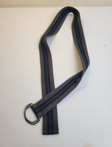 Webbing Belt with Double D Ring Buckle Canvas Gray Blue Black Striped Adj. Sz 40