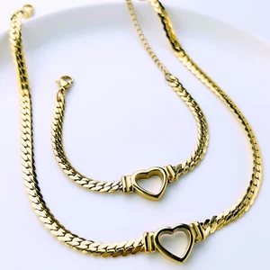 Women 18K Gold Plated Stainless Steel Cuban Link Heart Necklace & Bracelet Set - Picture 1 of 10