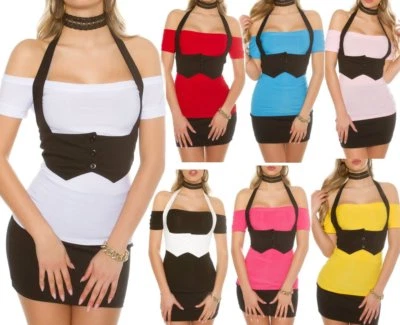 Sexy 2-Piece Shirt Carmen Top + Neck Vest Push Up Look 34/36/38 Black White - Image 1 of 4