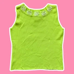 VTG ~ 1990s ~ Joseph A ~ Chartreuse Tank Top ~ Embroidered Flowers ~ Size L - Picture 1 of 4