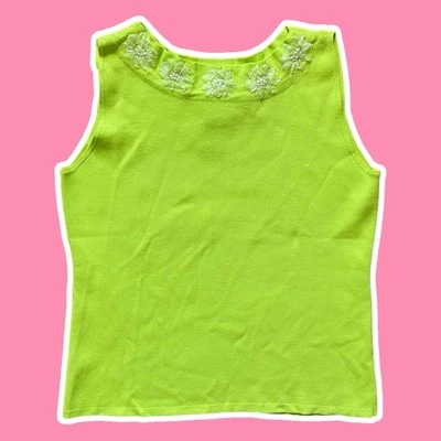 VTG ~ 1990s ~ Joseph A ~ Chartreuse Tank Top ~ Embroidered Flowers ~ Size L - Image 1 of 4