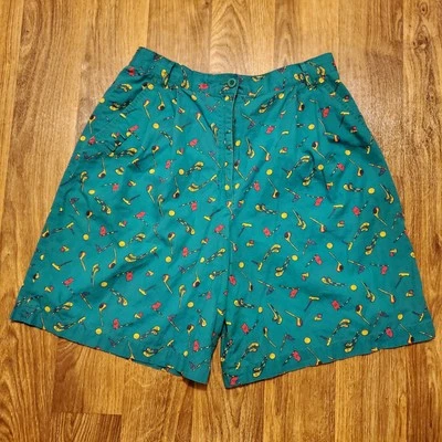 Vintage 90s Lacoste Golf Shorts Women 14 Green Pleated Chinos Geometric AOP - Image 1 of 4