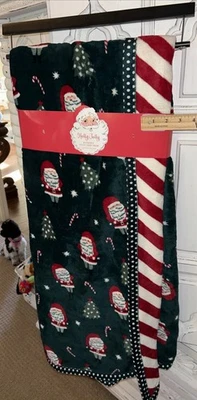 NWT Holly Jolly Reversible Velvet Plush Throw Christmas-Santa, Trees, Candy Cane - Image 1 of 4