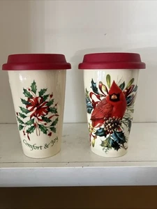 Lenox Winter Greetings Travel Mug Tumble Red Silicone Lid Set 2 - Picture 1 of 8