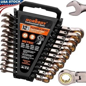 12-Piece Metric Flex-Head Ratcheting Wrench Set 72-Tooth Chrome Vanadium Storage - Picture 1 of 10