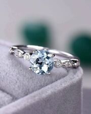 1.25Ct Round Cut Aquamarine Solitaire With Accents Ring 14K White Gold Plated