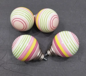 Lot of 4 Pottery Barn Kids Green Pink Yellow Stripe Ceramic Curtain Rod Finials - Picture 1 of 7