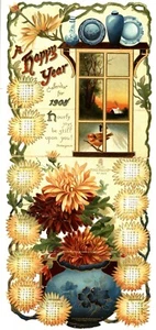 A HAPPY YEAR CALENDAR FOR 1908, Floral with window view, R. Tuck1404 - Picture 1 of 2