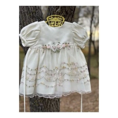 Cinderella Ivory Blush Satin Formal Dress Sz 9M Blush Florals Puff Sleeves Party - Image 1 of 4