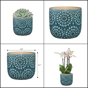 Ocean Ceramic Planter with Drainage Plug 4.5 In. Flower Pot Outdoor Plants Herbs - Picture 1 of 5