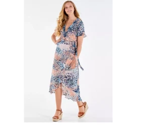 Floaty Light Chiffon Pastel Animal Print Wrap Over Tie Front Hi Lo Midi Dress - Picture 1 of 10