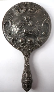 ESPEJO DE MANO ORNAMENTADO 1890-10 ART NOUVEAU PLATA ESTERLINA LOVE'S DREAM 5 1/2" X 10" - Imagen 1 de 10