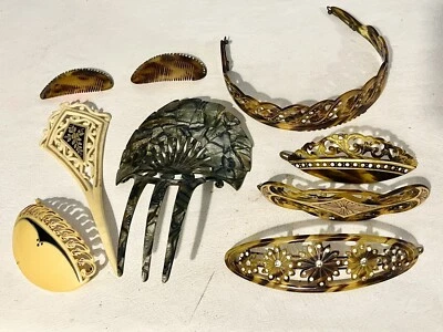 LOTE DE COLECCIÓN 9 PEINES Y CLIPS DE PELO DE BAQUELITA IMITACIÓN CAPARAZÓN DE TORTUGA Foto 1 de 4