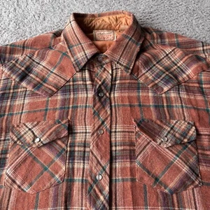VTG Arrow Western-Wear Shirt Mens XL Plaid Pearl Snap Wool Blend Flannel 80s 90s - Picture 1 of 6
