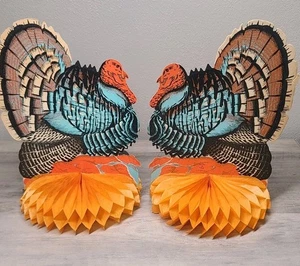 2 Vintage Thanksgiving Turkey Honeycomb Table Centerpieces Fall Decor 1960s - Picture 1 of 12